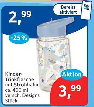 Kinder-Trinkflasche mit Strohhalm ca. 400 ml versch. Designs Stück