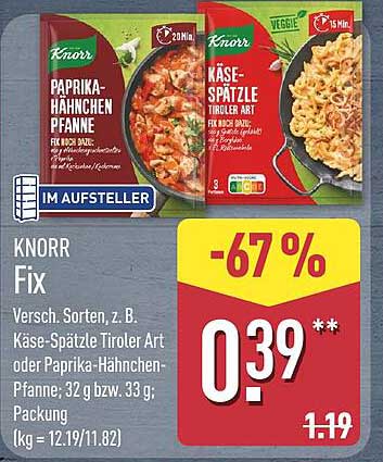 KNORR Fix Versch. Sorten, z. B. Käse-Spätzle Tiroler Art oder Paprika-Hähnchen-Pfanne; 32 g bzw. 33 g; Packung
