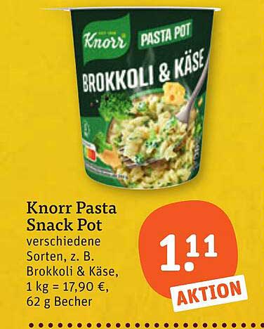 Knorr Pasta Snack Pot verschiedene Sorten, z. B. Brokkoli & Käse, 1 kg = 17,90 €, 62 g Becher