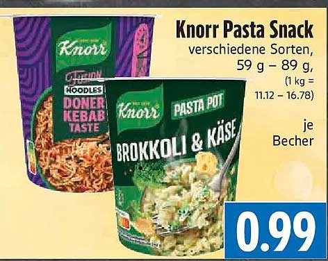 Knorr Pasta Snack verschiedene Sorten, 59 g – 89 g, (1 kg = 11.12 – 16.78) je Becher