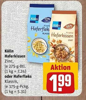 Kölln Haferkissen Zimt, je 275-g-Btl. (1 kg = 7.24) oder Haferfleks Klassik, je 375-g-Pckg. (1 kg = 5.31)