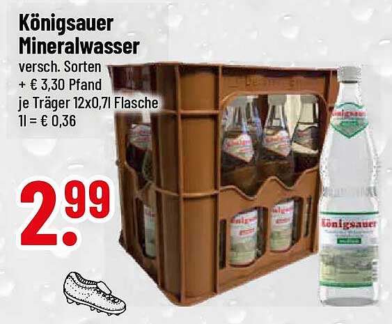 Königsauer Mineralwasser versch. Sorten + € 3,30 Pfand je Träger 12x0,7l Flasche 1l = € 0,36