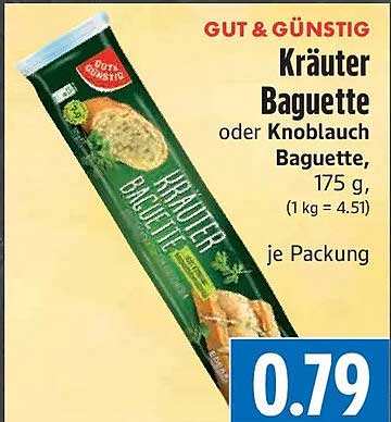 Kräuter Baguette oder Knoblauch Baguette, 175 g, (1 kg = 4.51) je Packung