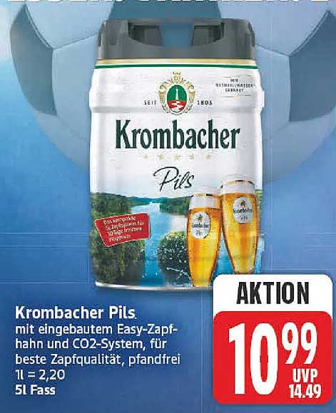 Krombacher Pils, mit eingebautem Easy-Zapfhahn und CO2-System, für beste Zapfqualität, pfandfrei 1 l = 2,20 5 l Fass