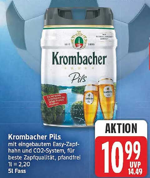 Krombacher Pils mit eingebautem Easy-Zapfhahn und CO2-System, für beste Zapfqualität, pfandfrei 1 l = 2,20 5l Fass