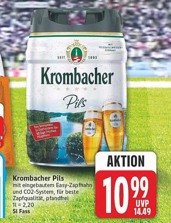 Krombacher Pils mit eingebautem Easy-Zapfhahn und CO2-System, für beste Zapfqualität, pfandfrei 1l = 2,20 5l Fass