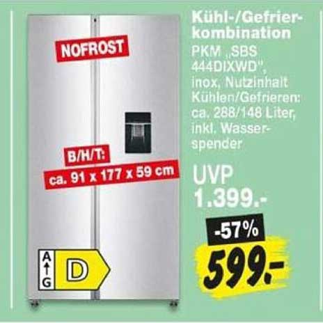 Kühl-/Gefrierkombination PKM „SBS 444DIXWD“, inox, Nutzinhalt Kühlen/Gefrieren: ca. 288/148 Liter, inkl. Wasserspender