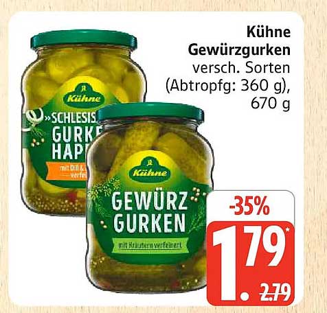 Kühne Gewürzgurken versch. Sorten (Abtropfg.: 360 g), 670 g
