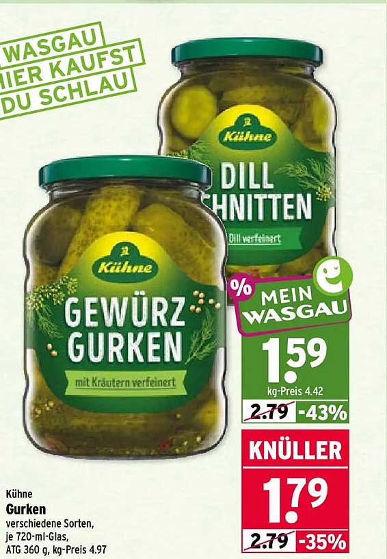 Kühne Gurken verschiedene Sorten, je 720-ml-Glas, ATG 360 g, kg-Preis 4.97