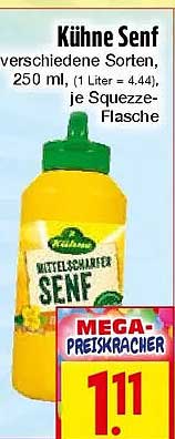 Kühne Senf verschiedene Sorten, 250 ml, (1 Liter = 4,44), je Squeeze-Flasche