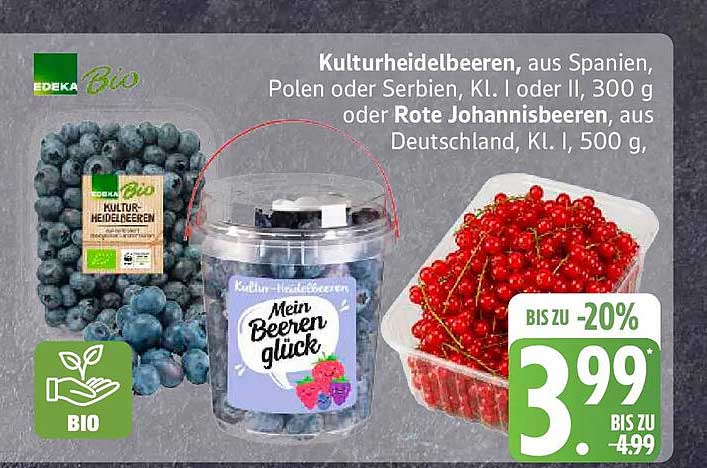 Kulturheidelbeeren, aus Spanien, Polen oder Serbien, Kl. I, oder II, 300 g oder Rote Johannisbeeren, aus Deutschland, Kl. I, 500 g
