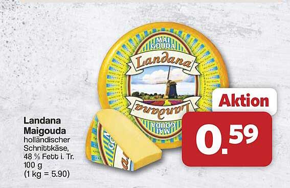 Landana Maigouda holländischer Schnittkäse, 48 % Fett i. Tr. 100 g (1 kg = 5.90)