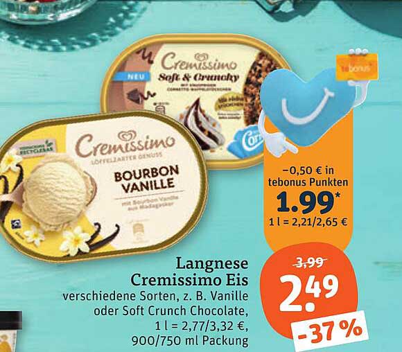 Langnese Cremissimo Eis verschiedene Sorten, z. B. Vanille oder Soft Crunch Chocolate, 1 l = 2,77/3,32 €, 900/750 ml Packung