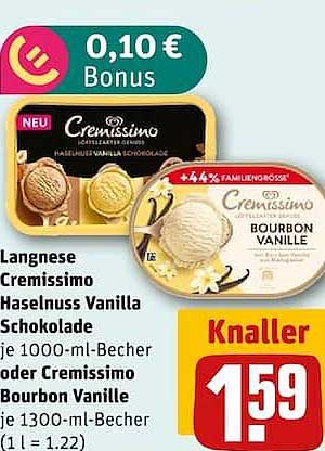 Langnese Cremissimo Haselnuss Vanilla Schokolade je 1000-ml-Becher oder Cremissimo Bourbon Vanille je 1300-ml-Becher (1 l = 1.29)