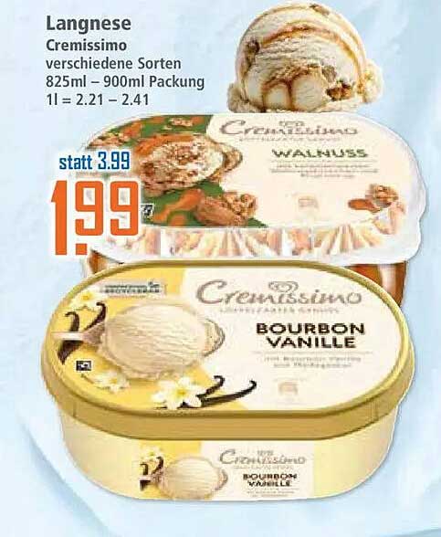 Langnese Cremissimo verschiedene Sorten 825ml – 900ml Packung 1l = 2.21 – 2.41