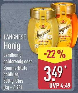 LANGNESE Honig Landhonig goldcremig oder Sommerblüte goldklar; 500-g-Glas (kg = 6.98)