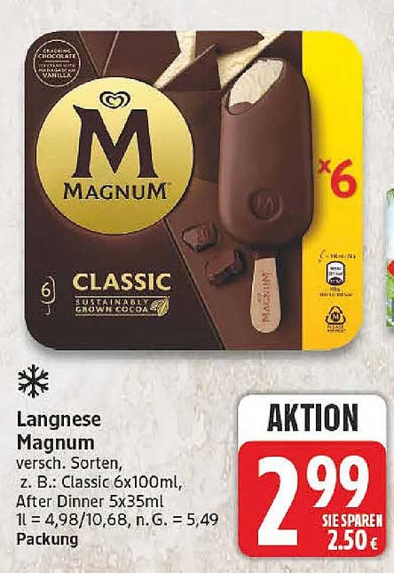Langnese Magnum versch. Sorten, z. B.: Classic 6x100ml, After Dinner 5x35ml 1 l = 4,98/10,8, n. G. = 5,49 Packung