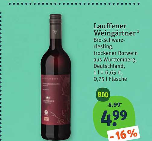 Lauffener Weingärtner Bio-Schwarz-riesling, trockener Rotwein aus Württemberg, Deutschland