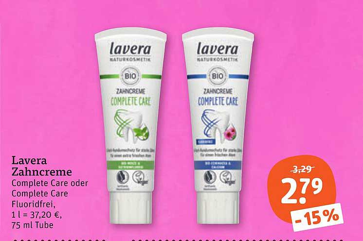 Lavera Zahncreme Complete Care oder Complete Care Fluoridfrei, 1 l = 37,20 €, 75 ml Tube