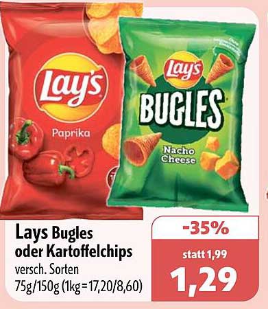 Lays Bugles oder Kartoffelchips versch. Sorten 75g/150g (1kg=17,20/8,60)