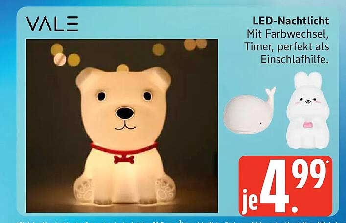 LED-Nachtlicht
Mit Farbwechsel, Timer, perfekt als Einschlafhilfe.