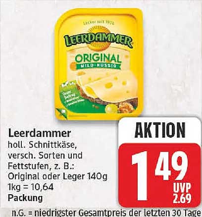 Leerdammer holl. Schnittkäse, versch. Sorten und Fettstufen, z. B.: Original oder Leger 140g 1kg = 10,64 Packung