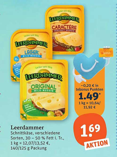 Leerdammer Schnittkäse, verschiedene Sorten, 30 - 50 % Fett i. Tr., 1 kg = 12,07/13,52 €, 140/125 g Packung