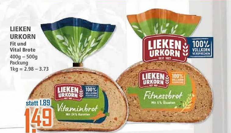 LIEKEN URKORN Fit und Vital Brote 400 g – 500 g Packung