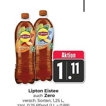 Lipton Eistee auch Zero versch. Sorten, 1,25 L, zzgl. 0,25 Pfand (1 L = 0,89)