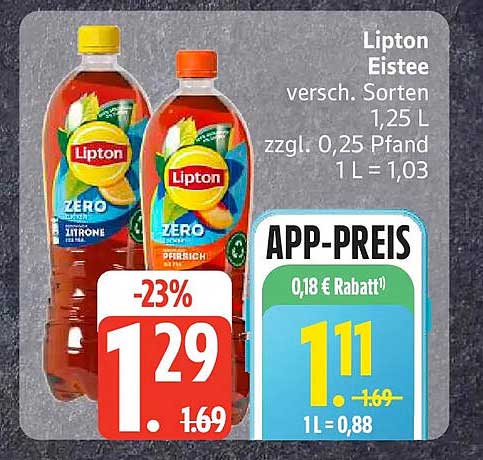 Lipton Eistee versch. Sorten 1,25 l zzgl. 0,25 Pfand 1 l = 1,03