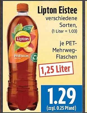 Lipton Eistee verschiedene Sorten, (1 Liter = 1.03) je PET-Mehrweg-Flaschen 1,25 Liter