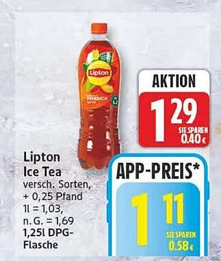 Lipton Ice Tea versch. Sorten, + 0,25 Pfand 1l = 1,03, n. G. = 1,69 1,25l DPG-Flasche