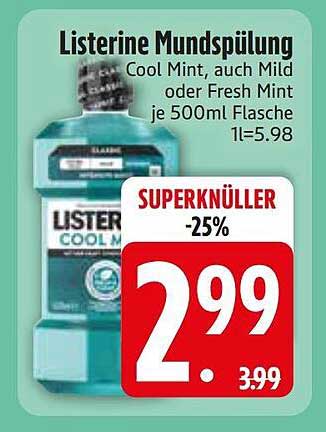 Listerine Mundspülung Cool Mint, auch Mild oder Fresh Mint je 500ml Flasche 1l=5.98