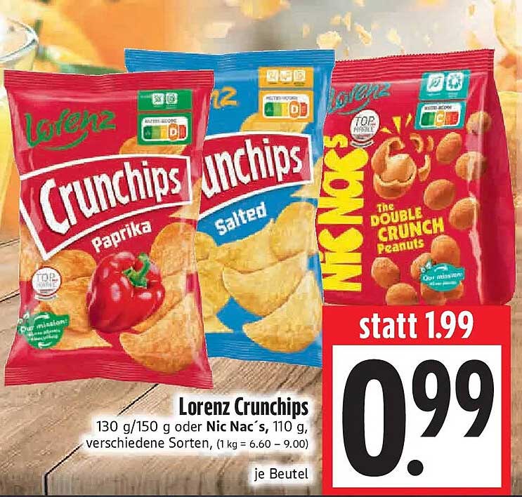Lorenz Crunchips 130 g/150 g oder Nic Nac's, 110 g, verschiedene Sorten, je Beutel