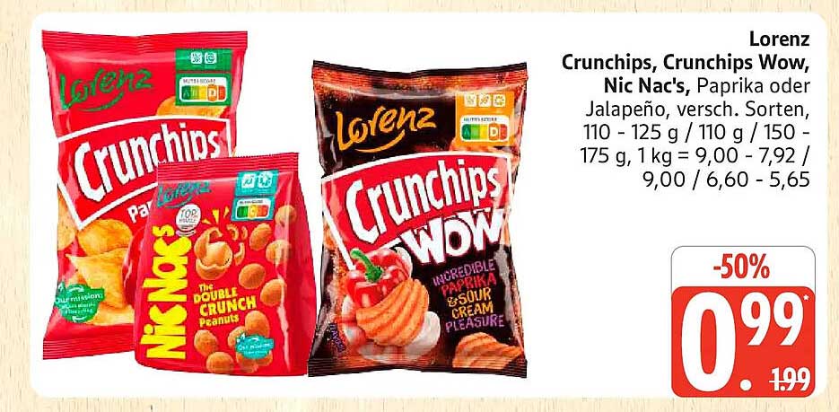 Lorenz Crunchips, Crunchips Wow, Nic Nac's, Paprika oder Jalapeño, versch. Sorten, 110 - 125 g / 110 g / 150 - 175 g, 1 kg = 9,00 - 7,92 / 9,00 / 6,60 - 5,65