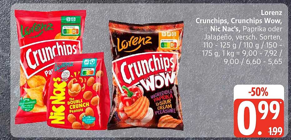 Lorenz Crunchips, Crunchips Wow, Nic Nac's, Paprika oder Jalapeño, versch. Sorten