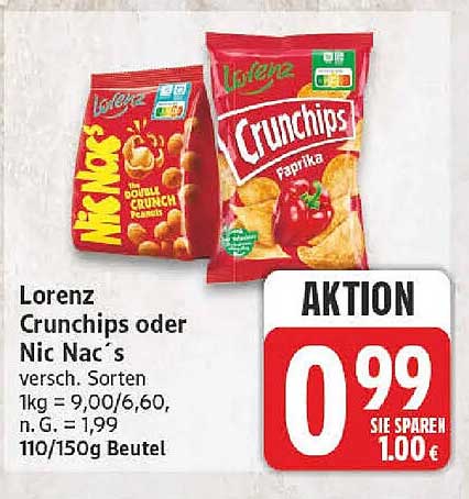 Lorenz Crunchips oder Nic Nac`s versch. Sorten 110/150g Beutel
