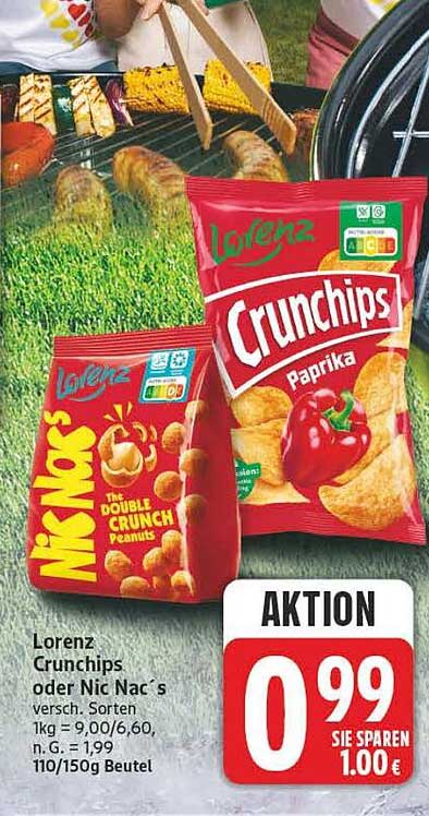 Lorenz Crunchips oder Nic Nac`s versch. Sorten 1kg = 9,00/6,60, n. G. = 1,99 110/150g Beutel