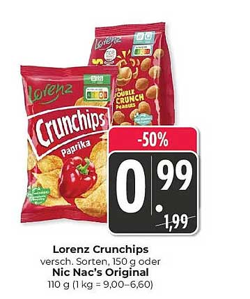 Lorenz Crunchips versch. Sorten, 150 g oder Nic Nac's Original 110 g (1 kg = 9,00–6,60)