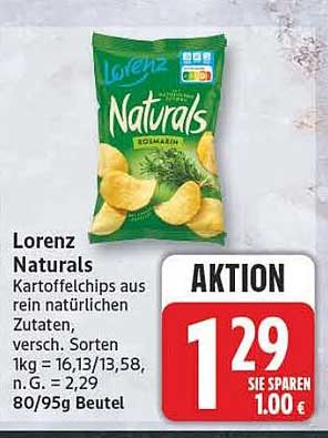 Lorenz Naturals Kartoffelchips aus rein natürlichen Zutaten, versch. Sorten 1kg = 16,13/13,58, n.G. = 2,29 80/95g Beutel