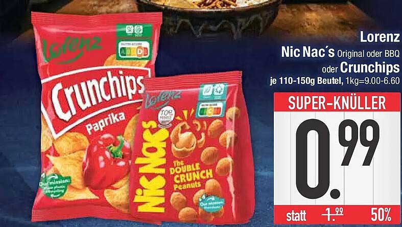 Lorenz Nic Nac's Original oder BBQ oder Crunchips je 110-150g Beutel, 1kg=9.00-6.60