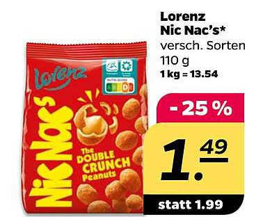 Lorenz Nic Nac's* versch. Sorten 110 g 1 kg = 13.54
