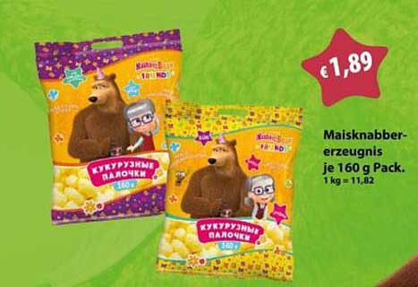 Maisknabber-erzeugnis je 160 g Pack.