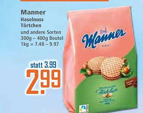 Manner Haselnuss Törtchen und andere Sorten 300g – 400g Beutel 1kg = 7.48 – 9.97