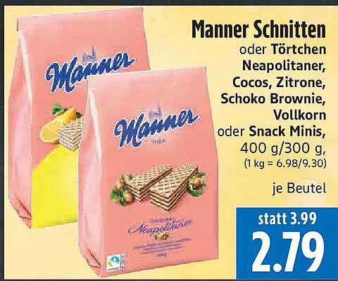 Manner Schnitten oder Törtchen Neapolitaner, Cocos, Zitrone, Schoko Brownie, Vollkorn oder Snack Minis, 400 g/300 g, (1 kg = 6.98/9.30), je Beutel