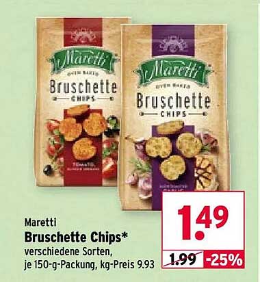 Maretti Bruschette Chips* verschiedene Sorten, je 150-g-Packung, kg-Preis 9.93
