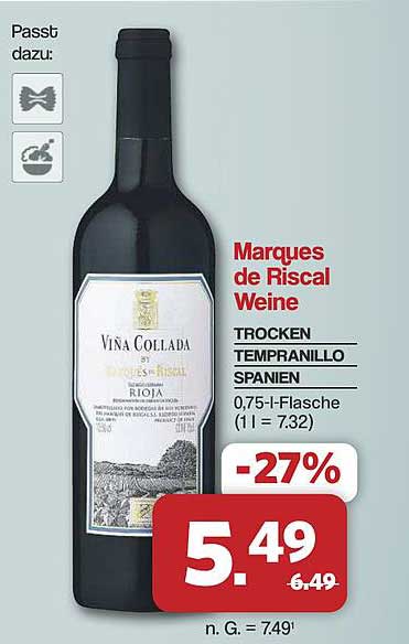 Marques de Riscal Weine TROCKEN TEMPRANILLO SPANIEN 0,75-l-Flasche (1 l = 7.32)