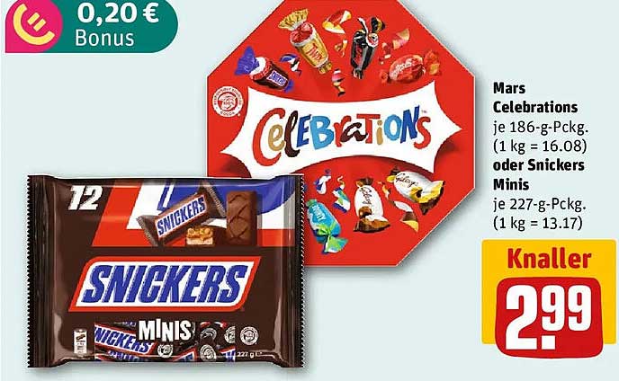 Mars Celebrations je 186-g-Packg. (1 kg = 16.08) oder Snickers Minis je 227-g-Packg. (1 kg = 13.17)