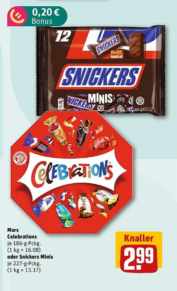Mars Celebrations je 186-g-Pckg. (1 kg = 16.08) oder Snickers Minis je 227-g-Pckg. (1 kg = 13.17)