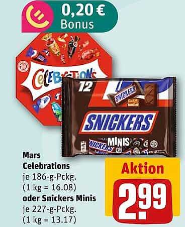 Mars Celebrations je 186-g-Pckg. (1 kg = 16.08) oder Snickers Minis je 227-g-Pckg. (1 kg = 13.17)